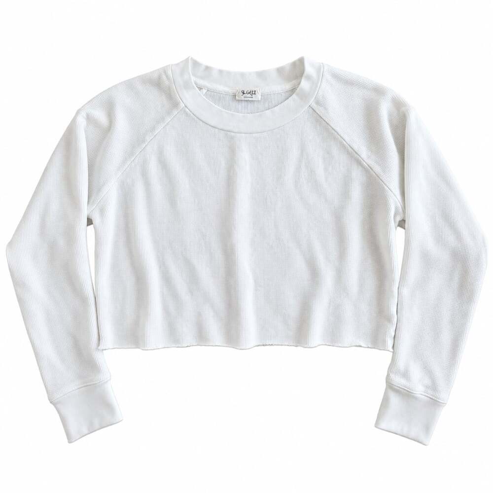 Brandy Melville J Galt White Waffle Thermal Cropped Long Sleeve Top One Size
